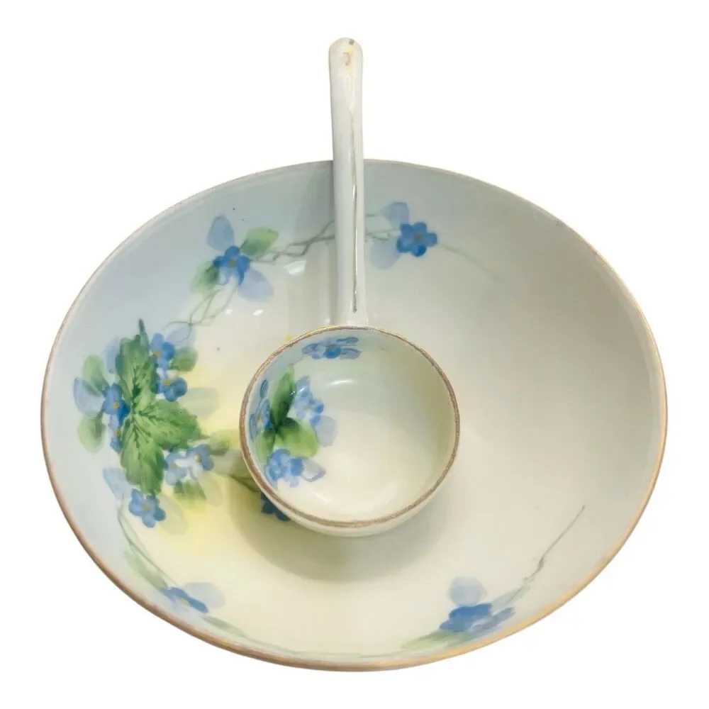 Vintage Nippon Hand Painted Porcelain Mayonnaise Bowl & Ladle Blue Floral 4.5”